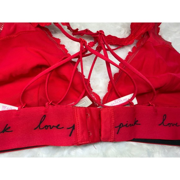 Victorias Secret PINK Red Floral Lace Strappy Back Bralette Love Band Medium - Picture 4 of 6